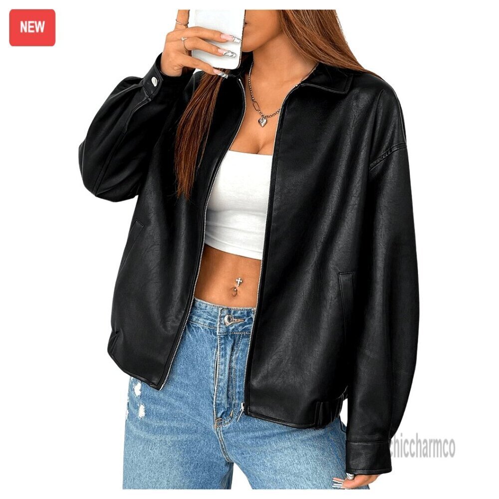Faux Leather Zip Up Jacket Drop Shoulder Long Sleeve Outerwear Coat